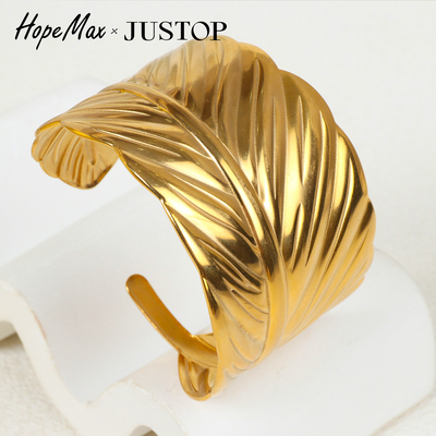 JUSTOP欧美跨境复古卷曲叶片手环个性ins不锈钢18K电镀金叶子手镯